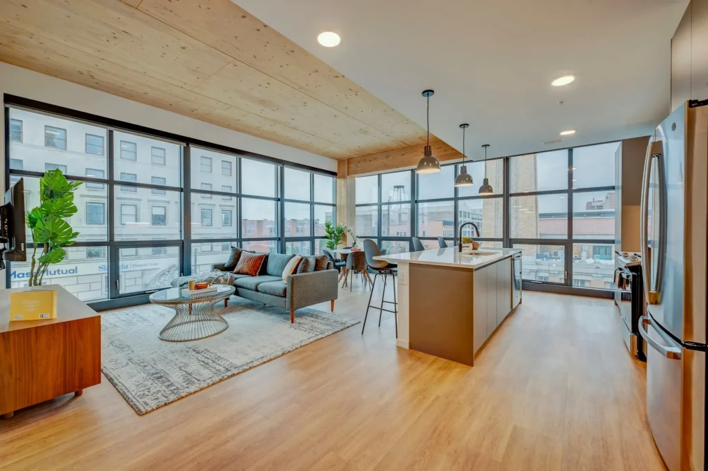 One-bedroom living room with wraparound windows