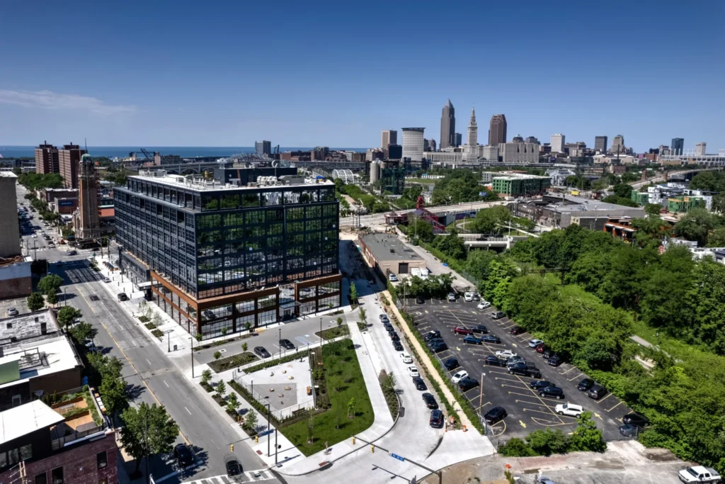 Aerial of INTRO in Ohio City with the downtown Cleveland skyline beyond