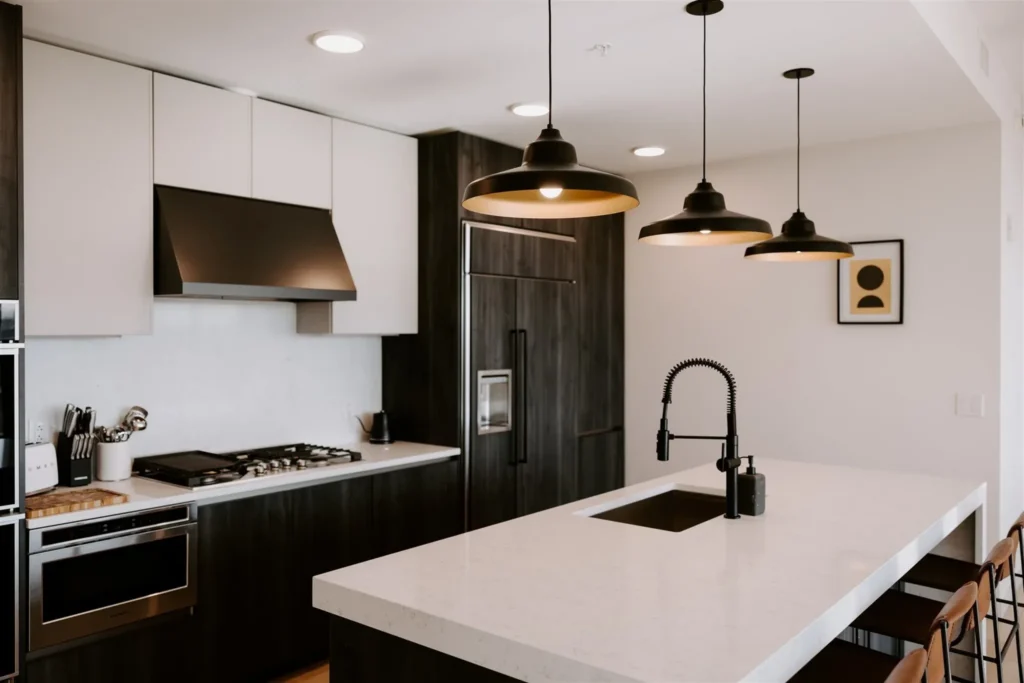 Penthouse kitchen detail in dark cabinetry
